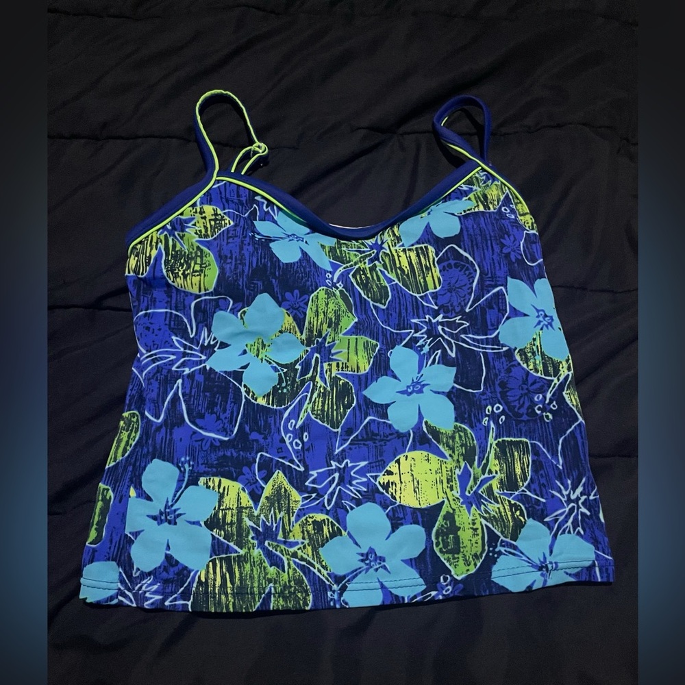 90s y2k Swimsuit Tankini Floral Top Underwire Swim Tropical Blue